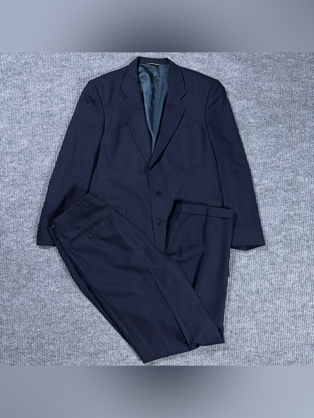 Vintage Christian Dior Suit Mens 42L Navy Pinstripe Wool 2 Piece Set 36x32